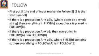 FOLLOW
• First put $ (the end of input marker) in Follow(S) (S is the
start symbol)
• If there is a production A → aBb, (where a can be a whole
string) then everything in FIRST(b) except for ε is placed in
FOLLOW(B).
• If there is a production A → aB, then everything in
FOLLOW(A) is in FOLLOW(B)
• If there is a production A → aBb, where FIRST(b) contains
ε, then everything in FOLLOW(A) is in FOLLOW(B)
ANKUR SRIVASTAVA ASSISTANT PROFESSOR JIT 20
 