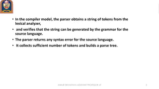 • In the compiler model, the parser obtains a string of tokens from the
lexical analyzer,
• and verifies that the string can be generated by the grammar for the
source language.
• The parser returns any syntax error for the source language.
• It collects sufficient number of tokens and builds a parse tree.
ANKUR SRIVASTAVA ASSISTANT PROFESSOR JIT 3
 