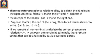 • These operator precedence relations allow to delimit the handles in
the right sentential forms: <· marks the left end, =· appears in
• the interior of the handle, and ·> marks the right end.
• . Suppose that $ is the end of the string, Then for all terminals we can
write: $ <· b and b ·> $
• If we remove all nonterminals and place the correct precedence
relation:<·, =·, ·> between the remaining terminals, there remain
strings that can be analyzed by easily developed parser.
ANKUR SRIVASTAVA ASSISTANT PROFESSOR JIT 30
 