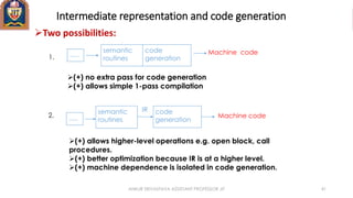 Intermediate representation and code generation
Two possibilities:
1. .....
semantic
routines
code
generation
Machine code
(+) no extra pass for code generation
(+) allows simple 1-pass compilation
2.
semantic
routines
code
generation
Machine code
IR
(+) allows higher-level operations e.g. open block, call
procedures.
(+) better optimization because IR is at a higher level.
(+) machine dependence is isolated in code generation.
.....
ANKUR SRIVASTAVA ASSISTANT PROFESSOR JIT 41
 