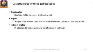 Data structures for three address codes
• Quadruples
• Has four fields: op, arg1, arg2 and result
• Triples
• Temporaries are not used and instead references to instructions are made
• Indirect triples
• In addition to triples we use a list of pointers to triples
ANKUR SRIVASTAVA ASSISTANT PROFESSOR JIT 45
 