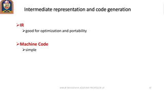 Intermediate representation and code generation
IR
good for optimization and portability
Machine Code
simple
ANKUR SRIVASTAVA ASSISTANT PROFESSOR JIT 47
 