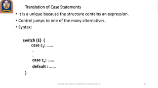 Translation of Case Statements
• It is a unique because the structure contains an expression.
• Control jumps to one of the many alternatives.
• Syntax:
switch (E) {
case c1: ……
.
.
case cn: ……
default : ……
}
ANKUR SRIVASTAVA ASSISTANT PROFESSOR JIT 58
 