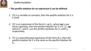 Postfix translation:
• The postfix notation for an expression E can be defined:
1. If E is a variable or constant, then the postfix notation for E is
E itself.
2. If E is an expression of the form E1 op E2, where op is any
binary operator, then the postfix notation for E is E’1 E’2 op,
where E’1 and E’2 are the postfix notations for E1 and E2,
respectively.
3. If E is a parenthesized expression of the form (E1), then the
postfix notation for E is the same as the postfix notation for
E1.
ANKUR SRIVASTAVA ASSISTANT PROFESSOR JIT 59
 