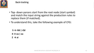 Back-tracking
• Top- down parsers start from the root node (start symbol)
and match the input string against the production rules to
replace them (if matched).
• To understand this, take the following example of CFG:
S → rXd | rZd
X → oa | ea
Z → ai
ANKUR SRIVASTAVA ASSISTANT PROFESSOR JIT 63
 
