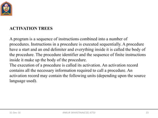 ACTIVATION TREES
A program is a sequence of instructions combined into a number of
procedures. Instructions in a procedure is executed sequentially. A procedure
have a start and an end delimiter and everything inside it is called the body of
the procedure. The procedure identifier and the sequence of finite instructions
inside it make up the body of the procedure.
The execution of a procedure is called its activation. An activation record
contains all the necessary information required to call a procedure. An
activation record may contain the following units (depending upon the source
language used).
31-Dec-16 ANKUR SRIVASTAVA(CSE) JETGI 23
 