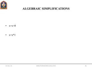 ALGEBRAIC SIMPLIFICATIONS
• x=x+0
• x=x*1
31-Dec-16 ANKUR SRIVASTAVA (CSE) JETGI 26
 