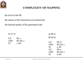 COMPLEXITY OF MAPPING
the level of the IR
the nature of the instruction-set architecture
the desired quality of the generated code.
x=y+z
LD R0, y
ADD R0, R0, z
ST x, R0
a=b+c
d=a+e
LD R0, b
ADD R0, R0, c
ST a, R0
LD R0, a
ADD R0, R0, e
ST d, R0
31-Dec-16 ANKUR SRIVASTAVA (CSE) JETGI 5
 