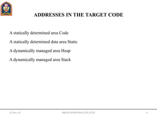 ADDRESSES IN THE TARGET CODE
A statically determined area Code
A statically determined data area Static
A dynamically managed area Heap
A dynamically managed area Stack
31-Dec-16 ANKUR SRIVASTAVA (CSE) JETGI 9
 