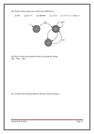 Prepared by R. Arthy Page 12
Q5: Which of these inputs are valid for the FSM below?
(i) 999 (ii) 9-3+77 (iii) 000999+ (iv) +67-4 (v) 0 + 9 + 6 + 54321 -1
Q6: Draw a finite state machine which will accept the strings
Ban Bran Brrr
Q7: Construct the transition table for the given Finite automata
 