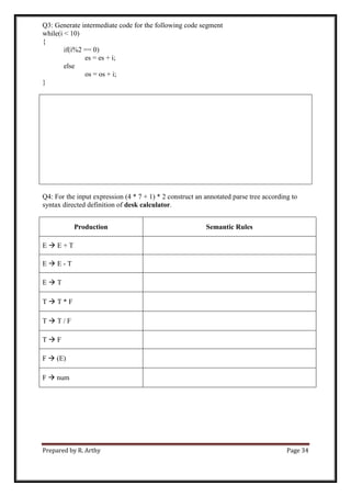 Prepared by R. Arthy Page 34
Q3: Generate intermediate code for the following code segment
while(i < 10)
{
if(i%2 == 0)
es = es + i;
else
os = os + i;
}
Q4: For the input expression (4 * 7 + 1) * 2 construct an annotated parse tree according to
syntax directed definition of desk calculator.
Production Semantic Rules
E  E + T
E  E - T
E  T
T  T * F
T  T / F
T  F
F  (E)
F  num
 