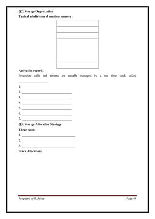 Prepared by R. Arthy Page 44
Q2: Storage Organization
Typical subdivision of runtime memory:
Activation record:
Procedure calls and returns are usually managed by a run time stack called
___________________.
1. ________________________________
2. ________________________________
3. ________________________________
4. ________________________________
5. ________________________________
6. ________________________________
7. ________________________________
Q3: Storage Allocation Strategy
Three types:
1. __________________________________
2. __________________________________
3. __________________________________
Stack Allocation:
 