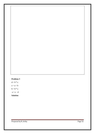 Prepared by R. Arthy Page 52
Problem 3
d = b * c
e = a + b
b = b * c
a = e – d
Solution
 
