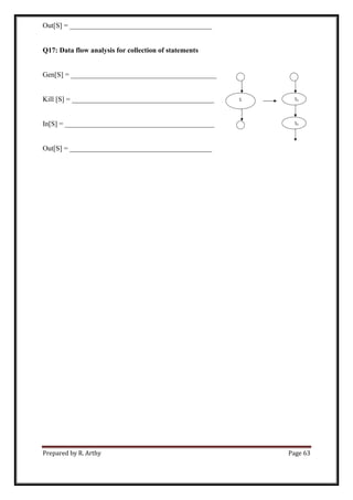Prepared by R. Arthy Page 63
Out[S] = ________________________________________
Q17: Data flow analysis for collection of statements
Gen[S] = _________________________________________
Kill [S] = ________________________________________
In[S] = __________________________________________
Out[S] = ________________________________________
 