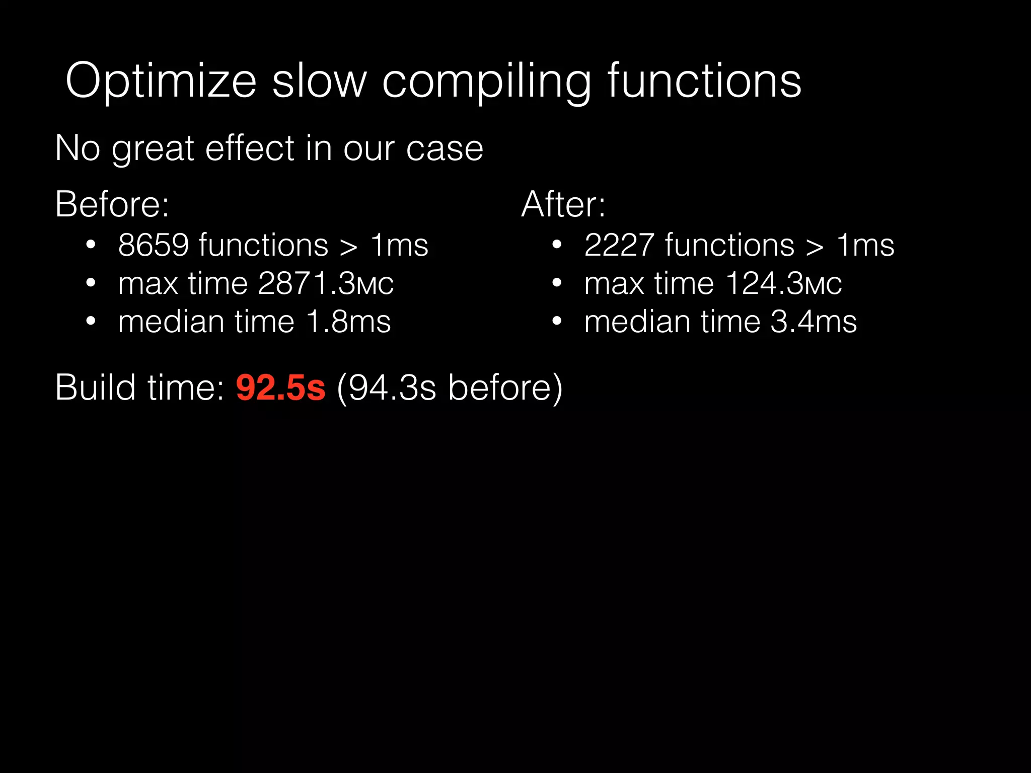Optimize slow compiling functions
Build time: 92.5s (94.3s before)
No great effect in our case
Before:
• 8659 functions > 1ms
• max time 2871.3мс
• median time 1.8ms
After:
• 2227 functions > 1ms
• max time 124.3мс
• median time 3.4ms
 