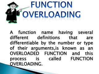 Functions to be overloaded must
 have
 same name.
 their parameter list must vary in:
            1.in terms of number o...