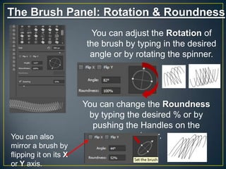 The Brush Panel: Rotation & Roundness
You can adjust the Rotation of
the brush by typing in the desired
angle or by rotating the spinner.

You can also
mirror a brush by
flipping it on its X
or Y axis.

You can change the Roundness
by typing the desired % or by
pushing the Handles on the
spinner.

 