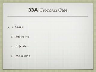 33A : Pronoun Case 3 Cases Subjective Objective POssessive 