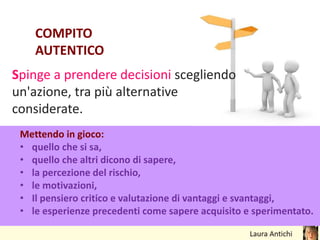 COMPITO
AUTENTICO
Spinge a prendere decisioni scegliendo
un'azione, tra più alternative
considerate.
Mettendo in gioco:
• quello che si sa,
• quello che altri dicono di sapere,
• la percezione del rischio,
• le motivazioni,
• Il pensiero critico e valutazione di vantaggi e svantaggi,
• le esperienze precedenti come sapere acquisito e sperimentato.
 
