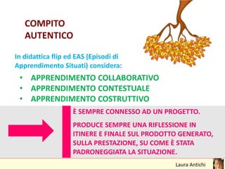 In didattica flip ed EAS (Episodi di
Apprendimento Situati) considera:
• APPRENDIMENTO COLLABORATIVO
• APPRENDIMENTO CONTESTUALE
• APPRENDIMENTO COSTRUTTIVO
COMPITO
AUTENTICO
È SEMPRE CONNESSO AD UN PROGETTO.
PRODUCE SEMPRE UNA RIFLESSIONE IN
ITINERE E FINALE SUL PRODOTTO GENERATO,
SULLA PRESTAZIONE, SU COME È STATA
PADRONEGGIATA LA SITUAZIONE.
 