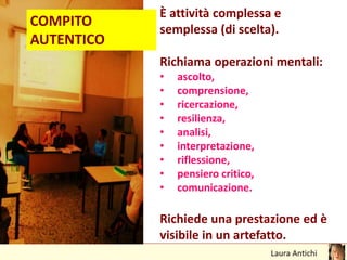 È attività complessa e
semplessa (di scelta).
Richiama operazioni mentali:
• ascolto,
• comprensione,
• ricercazione,
• resilienza,
• analisi,
• interpretazione,
• riflessione,
• pensiero critico,
• comunicazione.
Richiede una prestazione ed è
visibile in un artefatto.
COMPITO
AUTENTICO
 