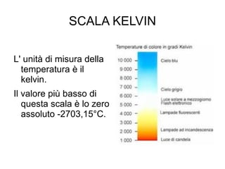 SCALA KELVIN L' unità di misura della temperatura è il kelvin. Il valore più basso di questa scala è lo zero assoluto -2703,15°C. 