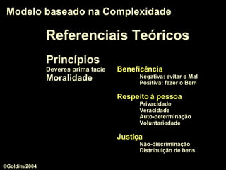 Modelo baseado na Complexidade Beneficência   Negativa: evitar o Mal Positiva: fazer o Bem Respeito à pessoa Privacidade Veracidade  Auto-determinação Voluntariedade Justiça Não-discriminação Distribuição de bens Princípios Deveres prima facie Moralidade Referenciais Teóricos ©Goldim/2004 