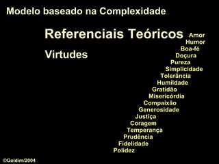 Modelo baseado na Complexidade Amor Humor Boa-fé Doçura  Pureza Simplicidade Tolerância Humildade  Gratidão Misericórdia Compaixão Generosidade Justiça Coragem  Temperança Prudência Fidelidade Polidez Virtudes Referenciais Teóricos ©Goldim/2004 