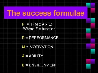 The success formulae
   P = F(M x A x E)
   Where F = function

   P = PERFORMANCE

   M = MOTIVATION

   A = ABILITY

   E = ENVIRONMENT
 