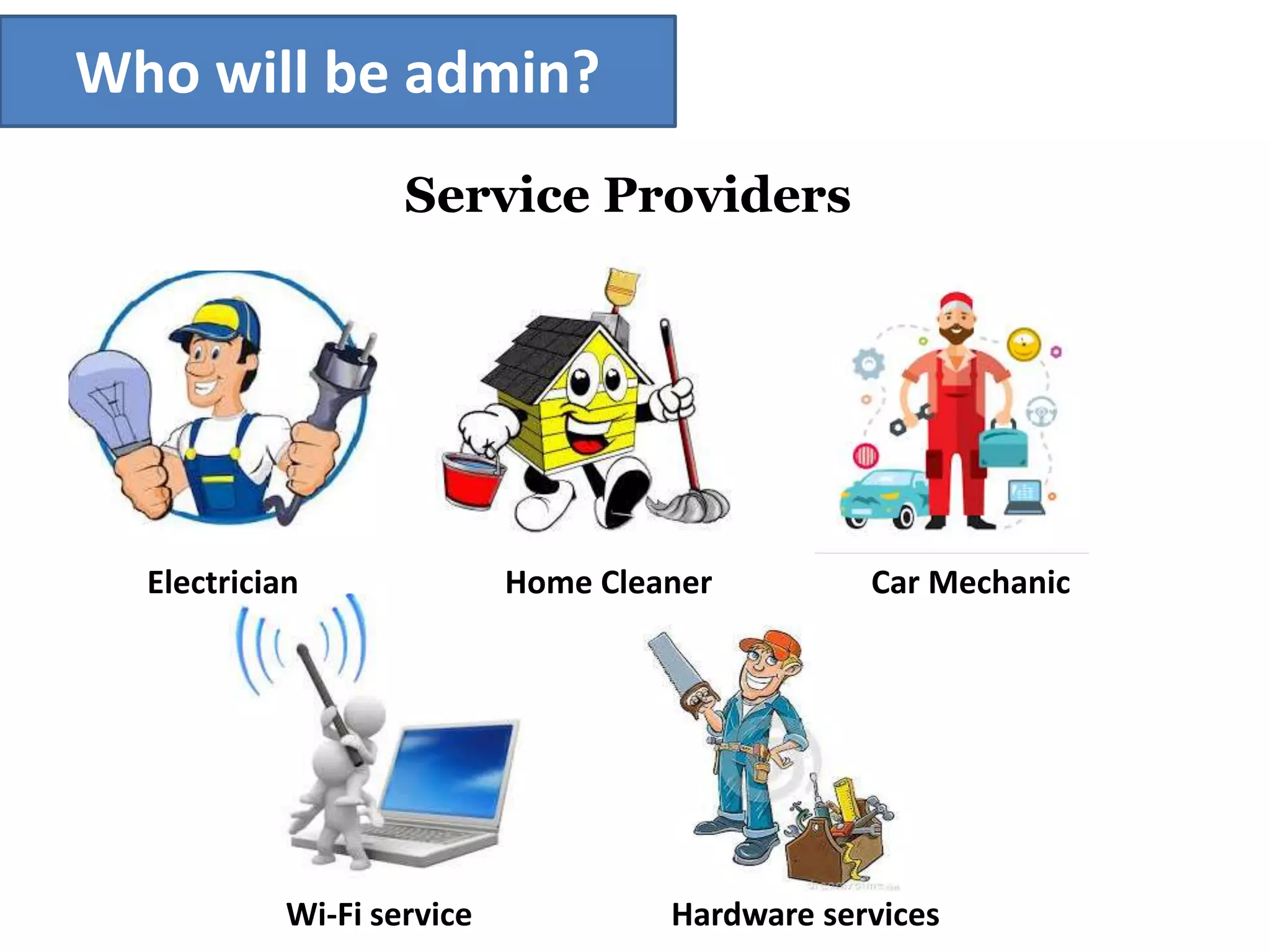Who will be admin?
Service Providers
Electrician Home Cleaner Car Mechanic
Wi-Fi service Hardware services
 