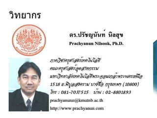 วิทยากร ดร . ปรัชญนันท์  นิลสุข ภาควิชาครุศาสตร์เทคโนโลยี  คณะครุศาสตร์อุตสาหกรรม มหาวิทยาลัยเทคโนโลยีพระจอมเกล้าพระนครเหนือ 081-7037515 [email_address] http://www.prachyanun.com 