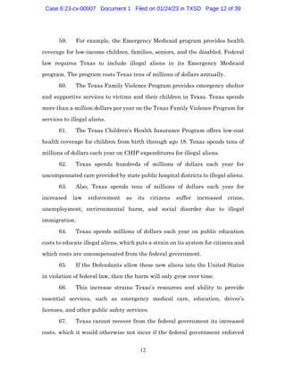 12
59. For example, the Emergency Medicaid program provides health
coverage for low-income children, families, seniors, and the disabled. Federal
law requires Texas to include illegal aliens in its Emergency Medicaid
program. The program costs Texas tens of millions of dollars annually.
60. The Texas Family Violence Program provides emergency shelter
and supportive services to victims and their children in Texas. Texas spends
more than a million dollars per year on the Texas Family Violence Program for
services to illegal aliens.
61. The Texas Children’s Health Insurance Program offers low-cost
health coverage for children from birth through age 18. Texas spends tens of
millions of dollars each year on CHIP expenditures for illegal aliens.
62. Texas spends hundreds of millions of dollars each year for
uncompensated care provided by state public hospital districts to illegal aliens.
63. Also, Texas spends tens of millions of dollars each year for
increased law enforcement as its citizens suffer increased crime,
unemployment, environmental harm, and social disorder due to illegal
immigration.
64. Texas spends millions of dollars each year on public education
costs to educate illegal aliens, which puts a strain on its system for citizens and
which costs are uncompensated from the federal government.
65. If the Defendants allow these new aliens into the United States
in violation of federal law, then the harm will only grow over time.
66. This increase strains Texas’s resources and ability to provide
essential services, such as emergency medical care, education, driver’s
licenses, and other public safety services.
67. Texas cannot recover from the federal government its increased
costs, which it would otherwise not incur if the federal government enforced
Case 6:23-cv-00007 Document 1 Filed on 01/24/23 in TXSD Page 12 of 39
 