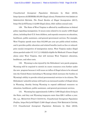 29
Unauthorized Immigrant Population Estimates by State (2016),
https://pewrsr.ch/3XOB5Rd (95,000 illegal aliens); FEDERATION FOR AMERICAN
IMMIGRATION REFORM, The Fiscal Burden of Illegal Immigration (2017),
https://bit.ly/3GYoowp (112,600 illegal aliens, $521 million annual cost).
129. The State of West Virginia is affected by modifications in federal
policy regarding immigration. It incurs costs related to its nearly 4,000 illegal
aliens, including their U.S.-born children, and expends resources on education,
healthcare, public assistance, and general government services. For example,
West Virginia spends more than $12,000 per year per public-school student,
and it provides public education and related benefits (such as free or reduced-
price meals) irrespective of immigration status. West Virginia makes illegal
aliens paroled under 8 U. S. C. § 1182(d)(5) eligible for Medicaid. If more illegal
aliens enter West Virginia, that will increase West Virginia's education,
healthcare, and other costs.
130. Wyoming is also injured by the Defendants’ new parole program.
Wyoming will be required to stretch its scarce resources even further under
the new program because it will cause an influx of illegal aliens to be released
into the United States (including to Wyoming) which increases the burden on
Wyoming’s ability to provide critical governmental services to its citizens. The
Defendants’ unlawful actions will lead to an increased number of illegal aliens
in Wyoming, thereby forcing Wyoming to expend additional resources on
education, healthcare, public assistance, and general government services.
131. Wyoming has approximately 5,000 to 7,000 illegal aliens living in
the State, and they cost Wyoming taxpayers more than $26.1 million a year.
See, e.g., MIGRATION POLICY INSTITUTE, Unauthorized Immigrant Population
Profiles, https://bit.ly/407NphJ (7,000 illegal aliens); PEW RESEARCH CENTER,
U.S. Unauthorized Immigrant Population Estimates by State (2016),
Case 6:23-cv-00007 Document 1 Filed on 01/24/23 in TXSD Page 29 of 39
 