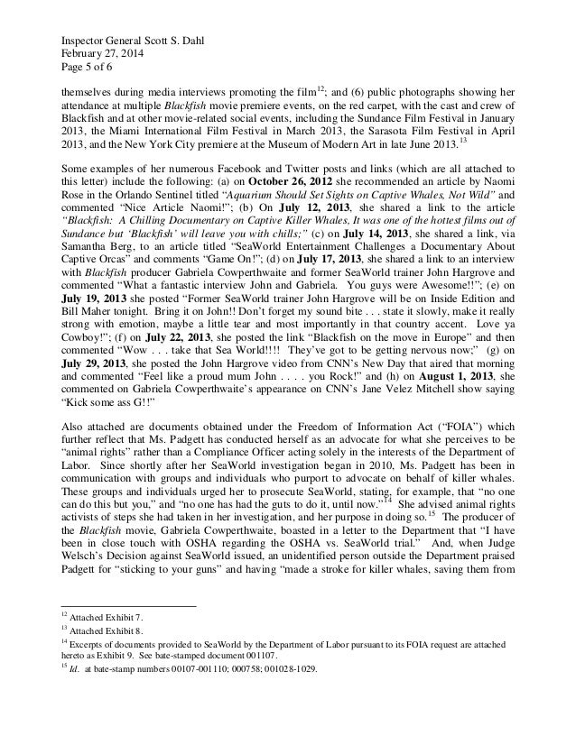 seaworld labor dept complaint letter and all documents letter of complaint
