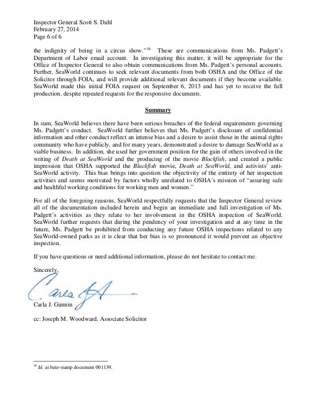 seaworld labor dept complaint letter and all documents letter of complaint