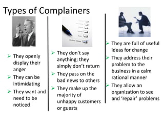 Types of Complainers


                                         They are full of useful
                                          ideas for change
                 They don’t say
 They openly                            They address their
                  anything; they
  display their                           problem to the
                  simply don’t return
  anger                                   business in a calm
                 They pass on the
 They can be                             rational manner
                  bad news to others
  intimidating                           They allow an
                 They make up the
 They want and                           organization to see
                  majority of
  need to be                              and ‘repair’ problems
                  unhappy customers
  noticed
                  or guests
 