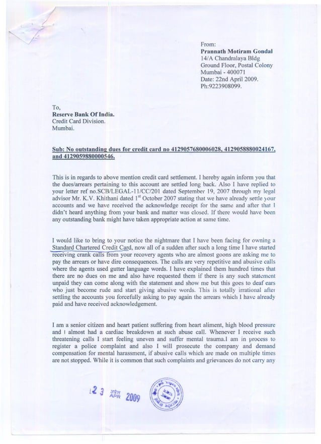 Standard Chartered Bank Complaint Letter To Reserve Bank Prannath PDF