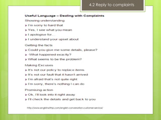 http://www.englishwithjo.com/english-conversation-customer-service/
4.2 Reply to complaints
 