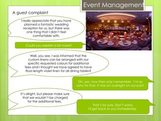 Event Management
I really appreciate that you have
planned a fantastic wedding
reception for us, but there was
one thing that I didn’t feel
comfortable with.
A guest complaint
Could you explain a bit more?
Well, you see, I was informed that the
custom linens can be arranged with our
specific requested colours for additional
fees and I thought we have agreed to have
floor-length violet linen for all dining tables?
Oh, yes, now then only I remember. I’m so
sorry for that. It was an oversight on our part!
It’s alright, but please make sure
that we wouldn’t be charged
for the additional fees.
That’s for sure. Don’t worry,
I’ll get back to you immediately.
 