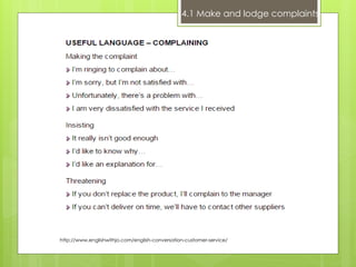 http://www.englishwithjo.com/english-conversation-customer-service/
4.1 Make and lodge complaints
 