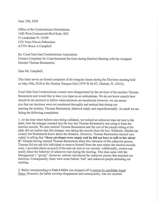 Coral Gate East Condo Complaint on Monitor Tom Rementeria to DBPR Ombudsman PDF