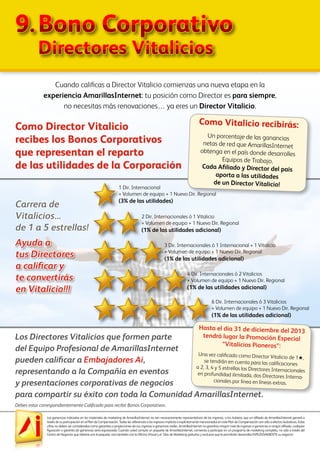 Las ganancias indicadas en los materiales de marketing de AmarillasInternet no son necesariamente representativos de los ingresos, si los hubiera, que un afiliado de AmarillasInternet ganará a
través de su participación en el Plan de Compensación. Todas las referencias a los ingresos implícita o explícitamente mencionados en este Plan de Compensación son sólo a efectos ilustrativos. Estas
cifras no deben ser consideradas como garantías o proyecciones de sus ingresos o ganancias reales. AmarillasInternet no garantiza ningún nivel de ingresos o ganancias a ningún afiliado, cualquier
figuración o garantía de ganancias sería equivocada. Cuando usted compra un paquete de AmarillasInternet, comienza a participar en un programa de marketing completo, no sólo a través del
Centro de Negocios que obtiene con el paquete, sino también con la Oficina Virtual y el Sitio de Marketing gratuitos y exclusivo que le permitirán desarrollar EXPLOSIVAMENTE su negocio!
Un porcentaje de las ganancias
netas de red que AmarillasInternet
obtenga en el país donde desarrolles
Equipos de Trabajo.
Cada Afiliado y Director del país
aporta a las utilidades
de un Director Vitalicio!
Como Vitalicio recibirás:
Cuando calificas a Director Vitalicio comienzas una nueva etapa en la
experiencia AmarillasInternet: tu posición como Director es para siempre,
no necesitas más renovaciones… ya eres un Director Vitalicio.
Carrera de
Vitalicios...
de 1 a 5 estrellas!
Ayuda a
tus Directores
a calificar y
te convertirás
en Vitalicio!!!
Los Directores Vitalicios que formen parte
del Equipo Profesional de AmarillasInternet
pueden calificar a Embajadores Ai,
representando a la Compañía en eventos
y presentaciones corporativas de negocios
para compartir su éxito con toda la Comunidad AmarillasInternet.
1 Dir. Internacional
+ Volumen de equipo + 1 Nuevo Dir. Regional
(3% de las utilidades)
2 Dir. Internacionales ó 1 Vitalicio
+ Volumen de equipo + 1 Nuevo Dir. Regional
(1% de las utilidades adicional)
3 Dir. Internacionales ó 1 Internacional + 1 Vitalicio
+ Volumen de equipo + 1 Nuevo Dir. Regional
(1% de las utilidades adicional)
4 Dir. Internacionales ó 2 Vitalicios
+ Volumen de equipo + 1 Nuevo Dir. Regional
(1% de las utilidades adicional)
6 Dir. Internacionales ó 3 Vitalicios
+ Volumen de equipo + 1 Nuevo Dir. Regional
(1% de las utilidades adicional)
Como Director Vitalicio
recibes los Bonos Corporativos
que representan el reparto
de las utilidades de la Corporación
Debes estar correspondientemente Calificado para recibir Bonos Corporativos.
Hasta el día 31 de diciembre del 2013
tendrá lugar la Promoción Especial
“Vitalicios Pioneros”:
Una vez calificado como Director Vitalicio de 1H,
se tendrán en cuenta para las calificaciones
a 2, 3, 4 y 5 estrellas los Directores Internacionales
en profundidad ilimitada, dos Directores Interna-
cionales por línea en líneas extras.
9.	Bono Corporativo
	 Directores Vitalicios
 