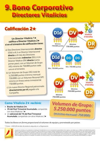 Las ganancias indicadas en los materiales de marketing de AmarillasInternet no son necesariamente representativos de los ingresos, si los hubiera, que un afiliado de AmarillasInternet ganará a
través de su participación en el Plan de Compensación. Todas las referencias a los ingresos implícita o explícitamente mencionados en este Plan de Compensación son sólo a efectos ilustrativos. Estas
cifras no deben ser consideradas como garantías o proyecciones de sus ingresos o ganancias reales. AmarillasInternet no garantiza ningún nivel de ingresos o ganancias a ningún afiliado, cualquier
figuración o garantía de ganancias sería equivocada. Cuando usted compra un paquete de AmarillasInternet, comienza a participar en un programa de marketing completo, no sólo a través del
Centro de Negocios que obtiene con el paquete, sino también con la Oficina Virtual y el Sitio de Marketing gratuitos y exclusivo que le permitirán desarrollar EXPLOSIVAMENTE su negocio!
9.	Bono Corporativo
	 Directores Vitalicios
Calificación 2H
Un Director Vitalicio 1H
califica a Director Vitalicio 2H
si en el trimestre de calificación tiene:
a)	Dos Directores Internacionales directos
(DId) a él; ó un Director Internacional
directo a él más dos Directores
Internacionales indirectos (DIi); ó Un
Director Vitalicio (DV) directo (como
primer paso), con un Volumen de Grupo
(VG) mínimo de 750.000 puntos cada
uno en el trimestre.
b) Un Volumen de Grupo (VG) total de
5.250.000 puntos (mínimo mensual
750.000) con un Volumen Personal (VP)
mínimo en líneas extras trimestral de
750.000 puntos.
c) Un nuevo Director Regional patrocinado
directamente por él pagado a la
Compañía.
Como Vitalicio 2H recibirá:
•	 Broche de Vitalicio 2H.
•	 3% del Pool Trimestral Acumulado, compartido
con otros Vitalicios 1H
•	 Un adicional del 1% del Pool Trimestral
Acumulado, compartido con otros Vitalicios 2H
Todos los Bonos en forma proporcional al volumen de equipo y prorrateado por países.
Volumen de Grupo:
5.250.000 puntos
(mínimo mensual: 750.000)
Mínimo
750.000 puntos
ó
Mín. 750.000 puntos
Mín. 750.000 puntos
Mínimo
750.000 puntos
DV
DId
DId
DRNuevo
al infinito
al infinito
DIi
al infinito
DIi
al infinito
al infinito
Vitalicio
2 Estrellas
Mínimo
750.000 puntos
Mínimo
750.000 puntos
DV
DV
DRNuevo
al infinito
al infinito
Vitalicio
2 Estrellas
*1 Punto = US$ 0,20 de dólar de producto adquirido en su Organización.
 