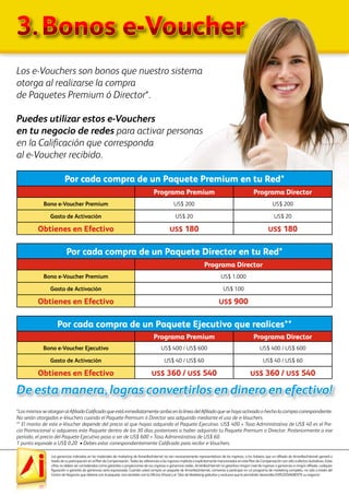 Las ganancias indicadas en los materiales de marketing de AmarillasInternet no son necesariamente representativos de los ingresos, si los hubiera, que un afiliado de AmarillasInternet ganará a
través de su participación en el Plan de Compensación. Todas las referencias a los ingresos implícita o explícitamente mencionados en este Plan de Compensación son sólo a efectos ilustrativos. Estas
cifras no deben ser consideradas como garantías o proyecciones de sus ingresos o ganancias reales. AmarillasInternet no garantiza ningún nivel de ingresos o ganancias a ningún afiliado, cualquier
figuración o garantía de ganancias sería equivocada. Cuando usted compra un paquete de AmarillasInternet, comienza a participar en un programa de marketing completo, no sólo a través del
Centro de Negocios que obtiene con el paquete, sino también con la Oficina Virtual y el Sitio de Marketing gratuitos y exclusivo que le permitirán desarrollar EXPLOSIVAMENTE su negocio!
3.	Bonos e-Voucher
*Los mismos se otorgan al Afiliado Calificado que está inmediatamente arriba en la línea del Afiliado que se haya activado o hecho la compra correspondiente.
No serán otorgados e-Vouchers cuando el Paquete Premium ó Director sea adquirido mediante el uso de e-Vouchers.
** El monto de este e-Voucher depende del precio al que hayas adquirido el Paquete Ejecutivo. US$ 400 + Tasa Administrativa de US$ 40 es el Pre-
cio Promocional si adquieres este Paquete dentro de los 30 días posteriores a haber adquirido tu Paquete Premium o Director. Posteriormente a ese
período, el precio del Paquete Ejecutivo pasa a ser de US$ 600 + Tasa Administrativa de US$ 60.
1 punto equivale a US$ 0,20 • Debes estar correspondientemente Calificado para recibir e-Vouchers.
De esta manera, logras convertirlos en dinero en efectivo!
Por cada compra de un Paquete Premium en tu Red*
Programa Premium Programa Director
Bono e-Voucher Premium US$ 200 US$ 200
Gasto de Activación US$ 20 US$ 20
Obtienes en Efectivo US$ 180 US$ 180
Por cada compra de un Paquete Ejecutivo que realices**
Programa Premium Programa Director
Bono e-Voucher Ejecutivo US$ 400 / US$ 600 US$ 400 / US$ 600
Gasto de Activación US$ 40 / US$ 60 US$ 40 / US$ 60
Obtienes en Efectivo US$ 360 / US$ 540 US$ 360 / US$ 540
Por cada compra de un Paquete Director en tu Red*
Programa Director
Bono e-Voucher Premium US$ 1.000
Gasto de Activación US$ 100
Obtienes en Efectivo US$ 900
Los e-Vouchers son bonos que nuestro sistema
otorga al realizarse la compra
de Paquetes Premium ó Director*.
Puedes utilizar estos e-Vouchers
en tu negocio de redes para activar personas
en la Calificación que corresponda
al e-Voucher recibido.
 
