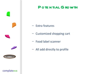 Potential Growth Extra features  Customized shopping cart Food label scanner All add directly to profile 
