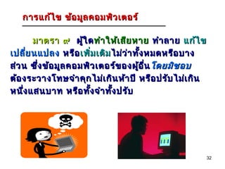 การ แก้ไ ข ข้อ มูล คอมพิว เตอร์

       มาตรา ๙ ผู้ใ ด ทำา ให้เ สีย หาย ทำา ลาย แก้ไ ข
เปลี่ย นแปลง หรือ เพิม เติม ไม่ว ่า ทัง หมดหรือ บาง
                         ่            ้
ส่ว น ซึ่ง ข้อ มูล คอมพิว เตอร์ข องผู้อ ื่น โดยมิช อบ
ต้อ งระวางโทษจำา คุก ไม่เ กิน ห้า ปี หรือ ปรับ ไม่เ กิน
หนึง แสนบาท หรือ ทัง จำา ทัง ปรับ
    ่                  ้     ้




                                                          32
 