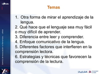 1. Otra forma de mirar el aprendizaje de la
lengua.
2. Qué hace que el lenguaje sea muy fácil
o muy difícil de aprender.
3. Diferencia entre leer y comprender.
4. Enfoque comunicativo de la lengua.
5. Diferentes factores que interfieren en la
comprensión lectora.
6. Estrategias y técnicas que favorecen la
comprensión de la lectura.
 