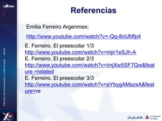 Referencias
Emilia Ferreiro Argenmex:
http://www.youtube.com/watch?v=-Qq-8nUMfp4
E. Ferreiro. El preescolar 1/3
http://www.youtube.com/watch?v=mjir1eSJh-A
E. Ferreiro. El preescolar 2/3
http://www.youtube.com/watch?v=imjXw5SF7Qw&feat
ure =related
E. Ferreiro. El preescolar 3/3
http://www.youtube.com/watch?v=aYbygAMszsA&feat
ure=re
 