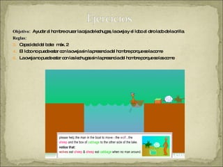 Objetivo:  Ayudar al hombre cruzar la caja de lechugas, la oveja y el lobo al otro lado de la orilla. Reglas: Capacidad del bote:  máx. 2 El lobo no puede estar con la oveja sin la presencia del hombre porque se la come La oveja no puede estar con las lechugas sin la presencia del hombre porque se las come 