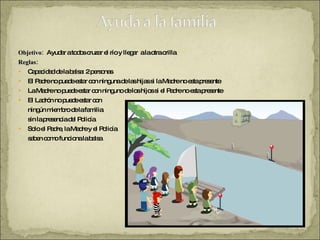 Objetivo:  Ayudar a todos cruzar el río y llegar  a la otra orilla Reglas: Capacidad de la balsa: 2 personas  El Padre no puede estar con ninguna de las hijas si la Madre no esta presente La Madre no puede estar con ninguno de los hijos si el Padre no esta presente El Ladrón no puede estar con  ningún miembro de la familia  sin la presencia del Policía  Solo el Padre, la Madre y el Policía saben como funciona la balsa  
